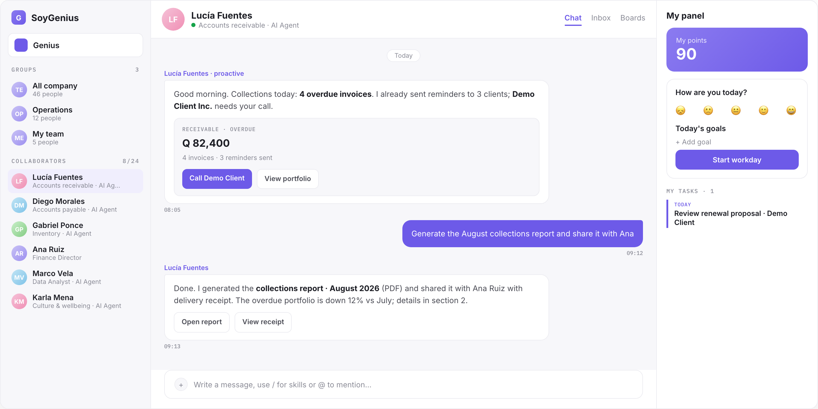 SoyGenius showing an AI-assisted enterprise conversation.
