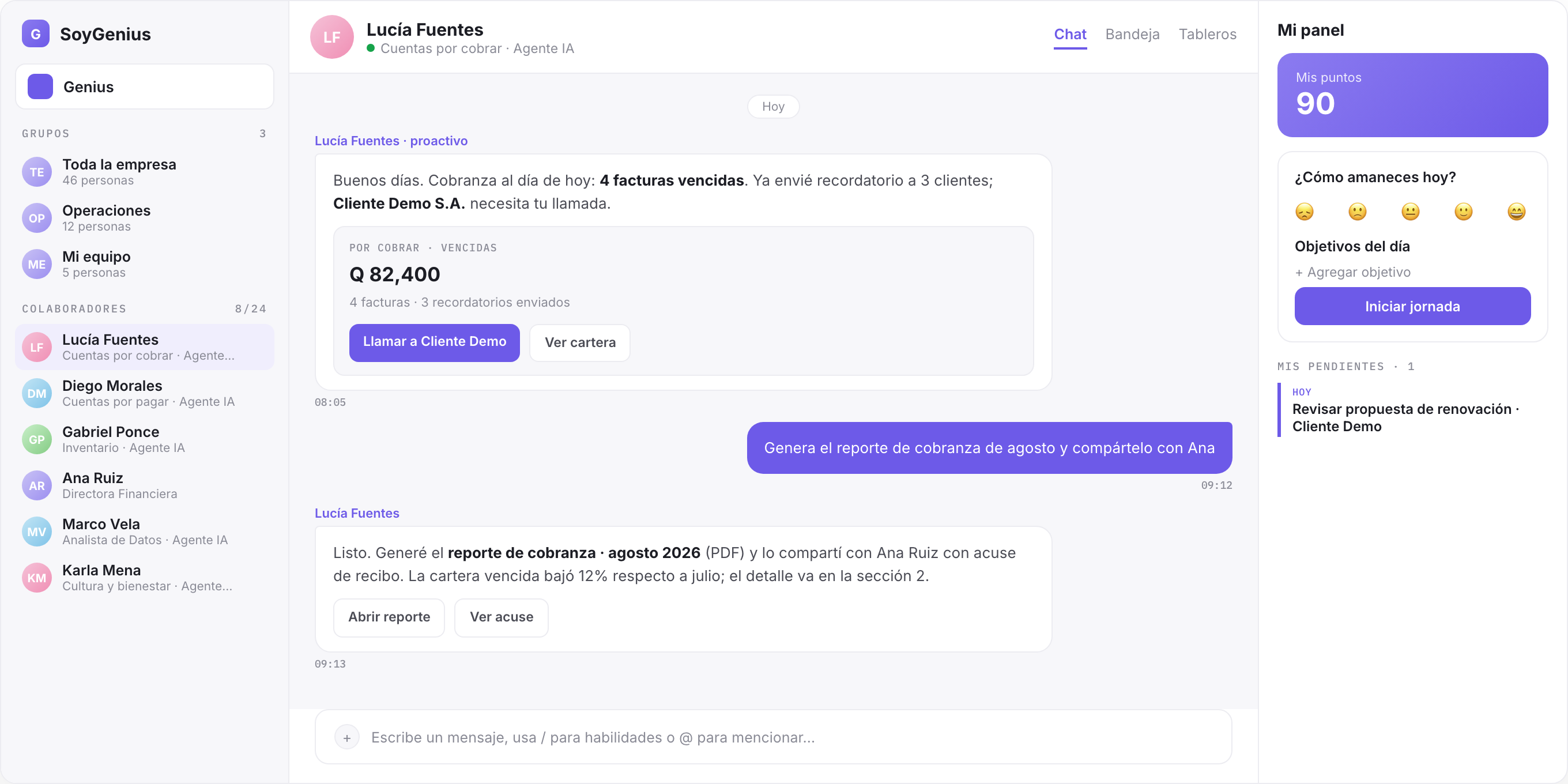 SoyGenius mostrando una conversación empresarial asistida por IA.